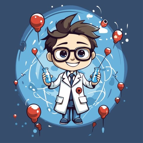 Cute boy scientist holding test tubes. Vector illustration in ca