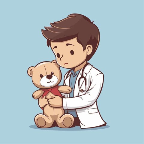 Vector illustration of a little boy with a teddy bear and a doct