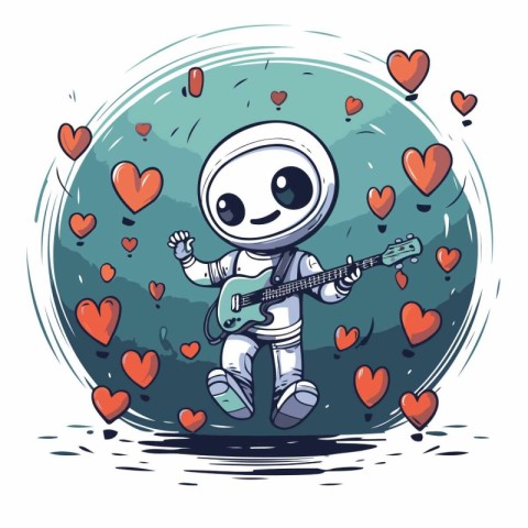 Cute cartoon spaceman with guitar and hearts. Vector illustratio