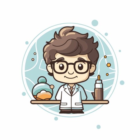 Cute boy scientist in lab coat and glasses. Vector illustration.