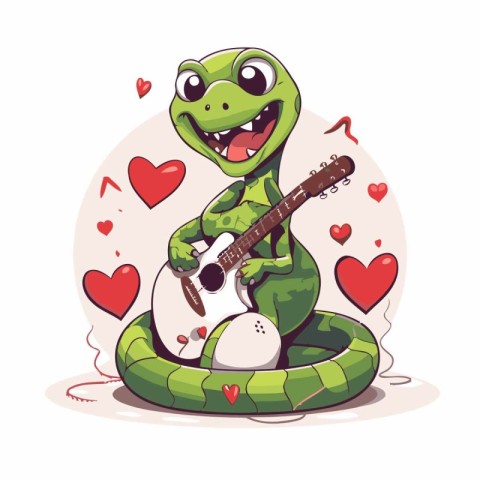 Cute crocodile with guitar and hearts. Vector cartoon illustrati