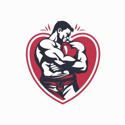 Bodybuilder with a red heart. Vector illustration on a white bac