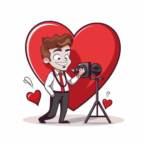 Cute cartoon cameraman with camera and red heart. Vector illustr