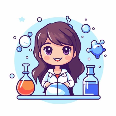 Cute little girl scientist in laboratory. Vector illustration in