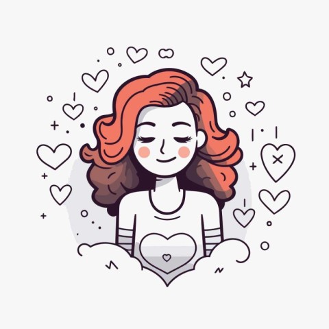 Cute girl with red hair and hearts around her. Vector illustrati