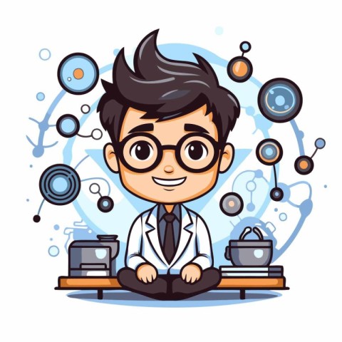 Cartoon scientist sitting on a table. Vector illustration of a s