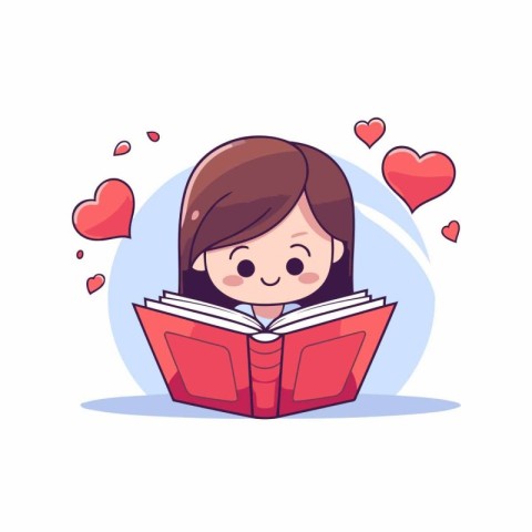 Cute little girl reading a book. Vector illustration in cartoon