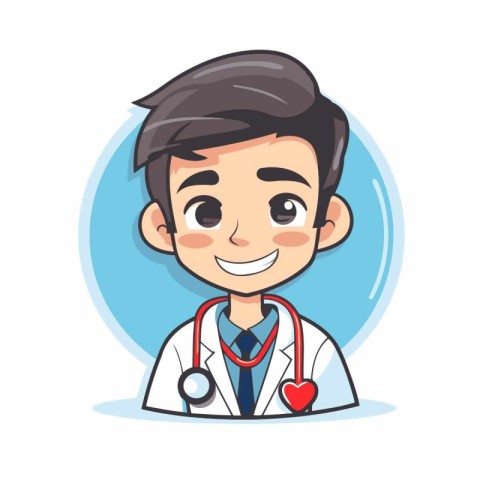 Cute cartoon doctor boy character with stethoscope. Vector illus