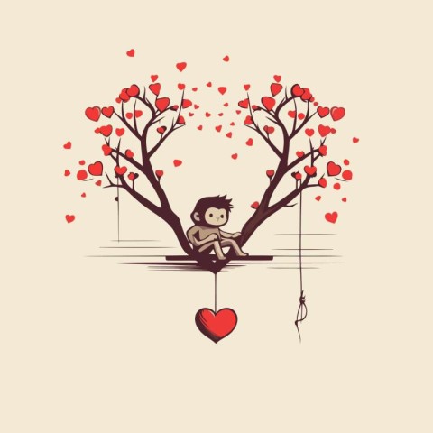 Valentine's day greeting card. Cute little boy sitting on a tree