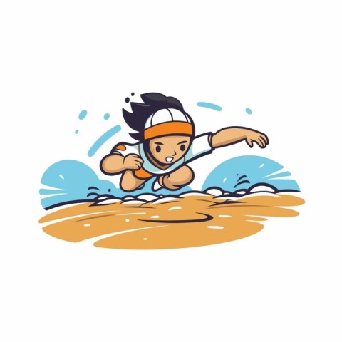 Cartoon sportsman running fast on the beach. Vector illustration