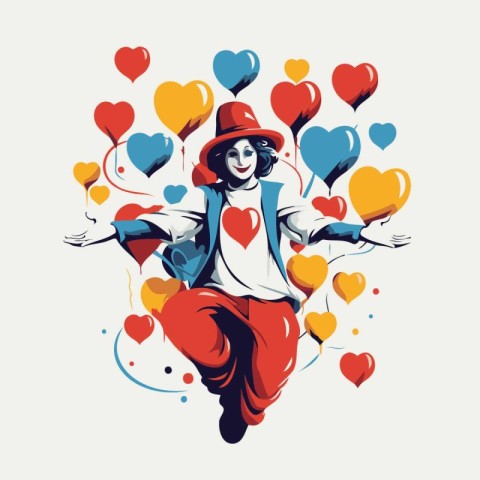 Vector illustration of a girl in a red hat flying with hearts.