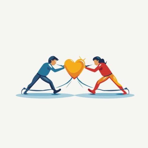 Man and woman are pulling a big heart with a rope. Vector illust