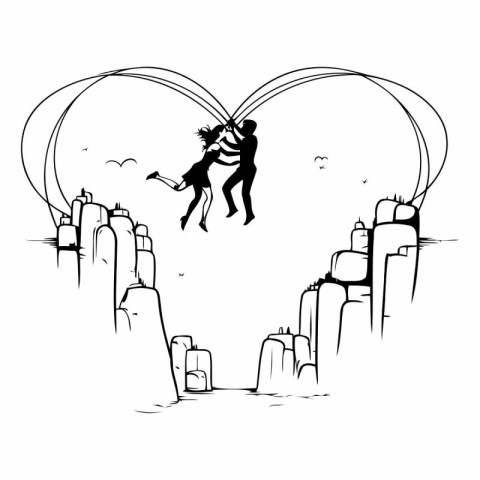 Black and white vector illustration of a man flying over a cliff