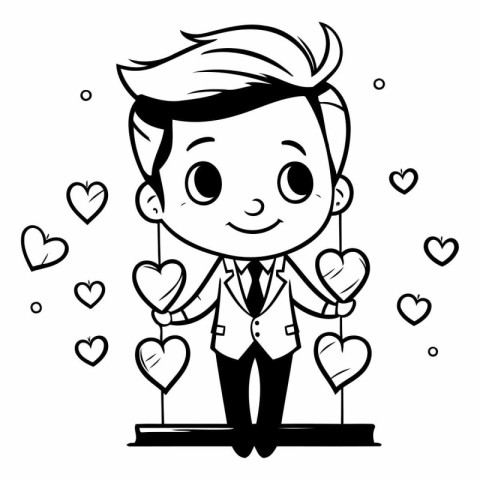 Businessman with Heart Icons - Black and White Cartoon Illustrat