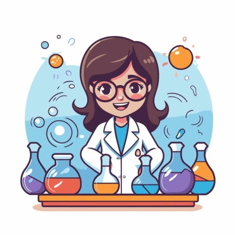 Scientist woman cartoon character with chemical flasks. Vector i