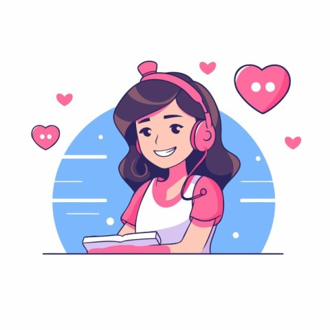 Cute girl listening to music. Vector illustration in cartoon sty