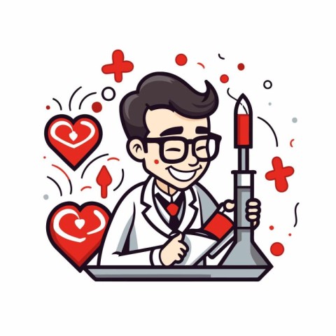 Cartoon doctor with a syringe in his hand. Vector illustration.