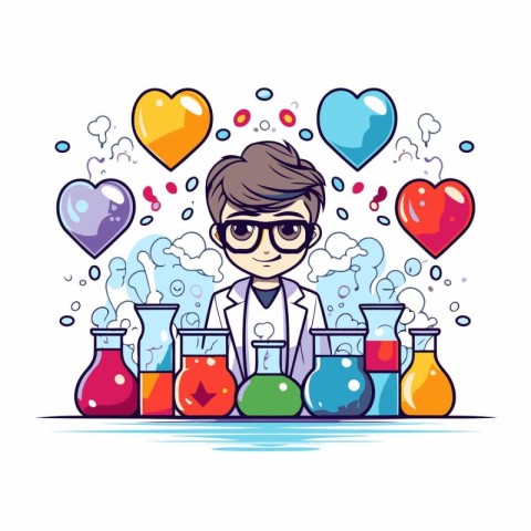 Scientist boy with chemical flasks and hearts. Vector illustrati