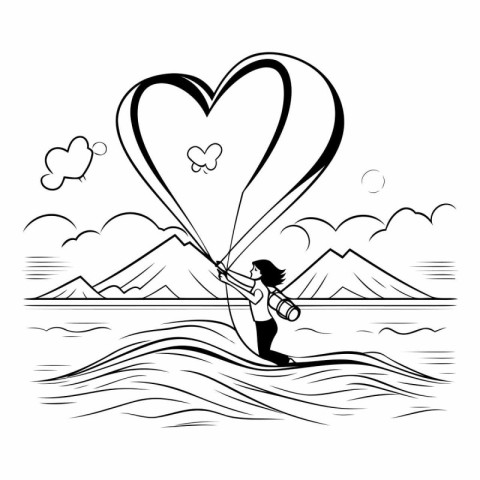 Valentine's day. A man is flying on a balloon in the form of a h