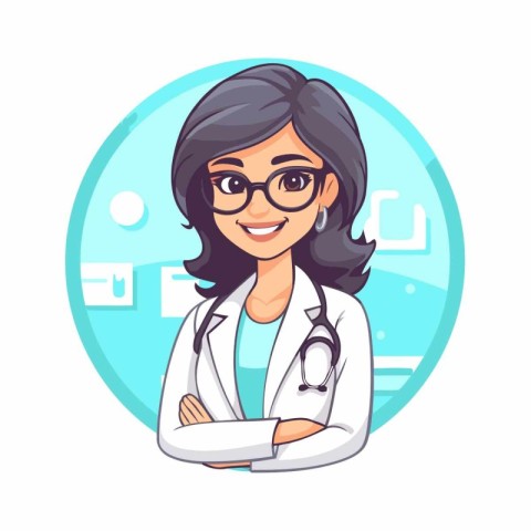 Cartoon female doctor with stethoscope and glasses. Vector illus