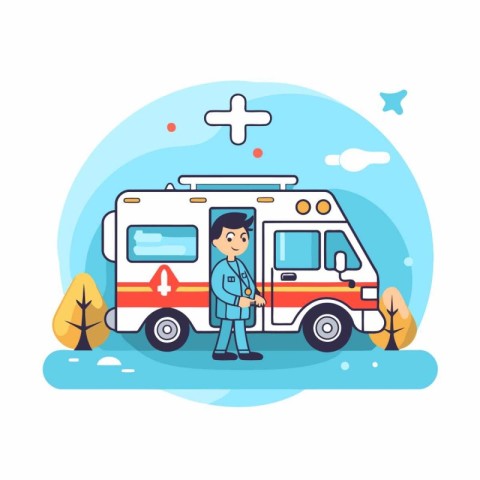 Ambulance flat vector illustration. Ambulance and paramedic.