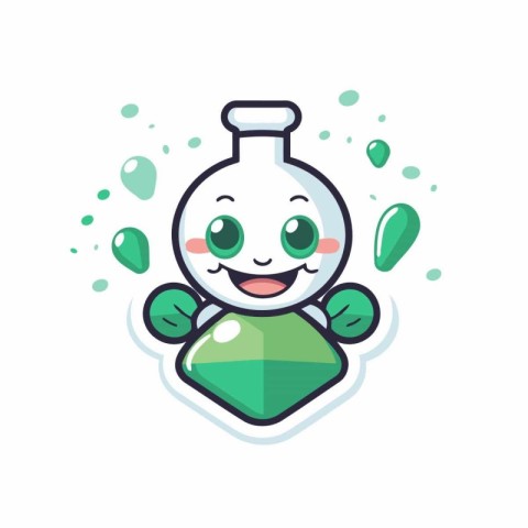 Cute cartoon laboratory glass flask with green potion. Vector il