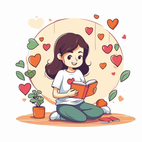 Cute little girl reading a book with hearts around her. Vector i