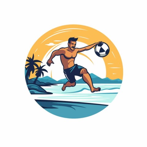 Beach football player with ball. Vector illustration in retro st