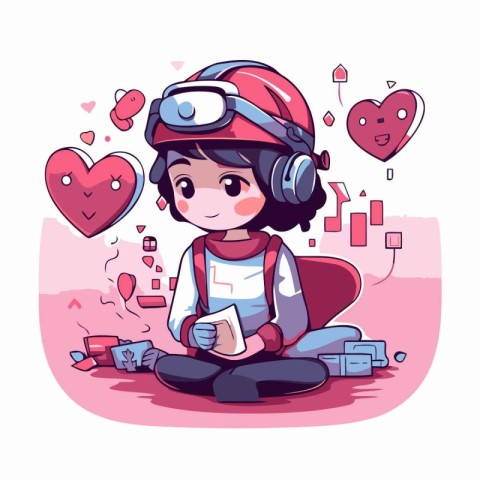 Boy in a helmet with a book and headphones. Vector illustration.