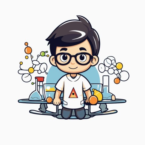 Cute little boy doing science experiment. Vector cartoon charact