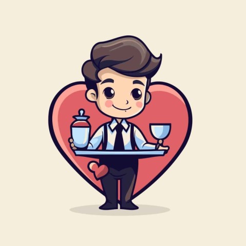 Businessman drinking wine in heart shape. Vector illustration. C