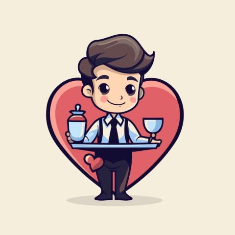 Businessman drinking wine in heart shape. Vector illustration. C