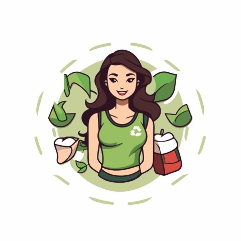 Girl with green leafs and bottle of water. Vector illustration.