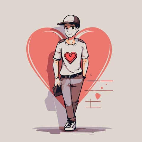 Vector illustration of young man in hat and t-shirt with heart