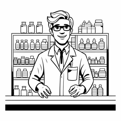 Man pharmacist at counter in drugstore. Black and white vector i