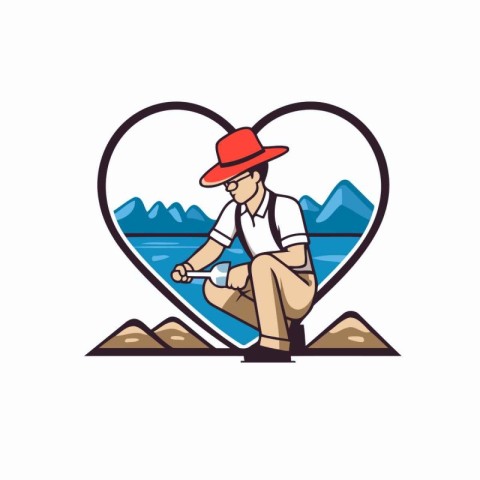 Fisherman with a fishing rod in a heart-shaped hole.