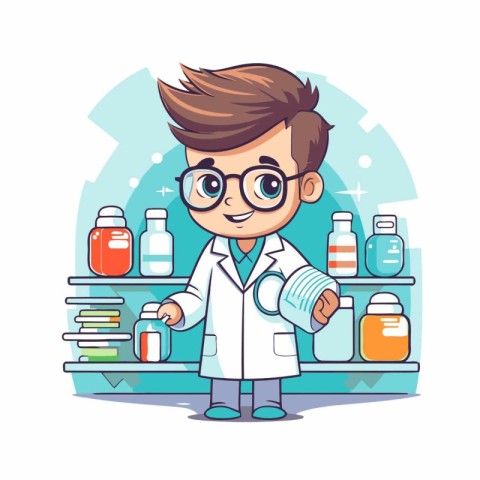 Cartoon little boy pharmacist in lab coat and glasses. Vector il