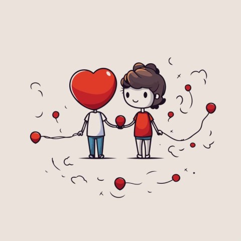 Couple in love holding hands and holding red heart. Vector illus