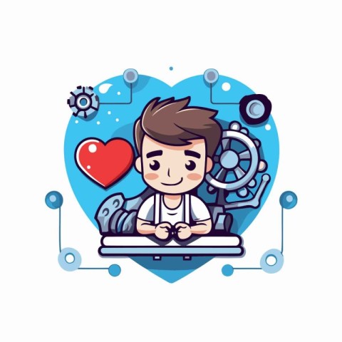 Cute boy with typewriter and heart icon. Vector illustration.