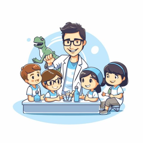 Scientist and children in lab. Vector illustration in cartoon st