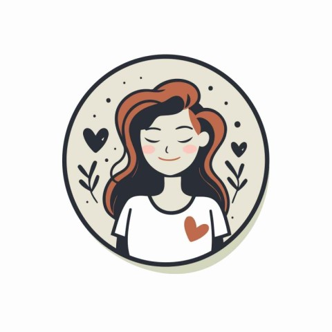 Vector illustration of a girl with red hair in a round frame.