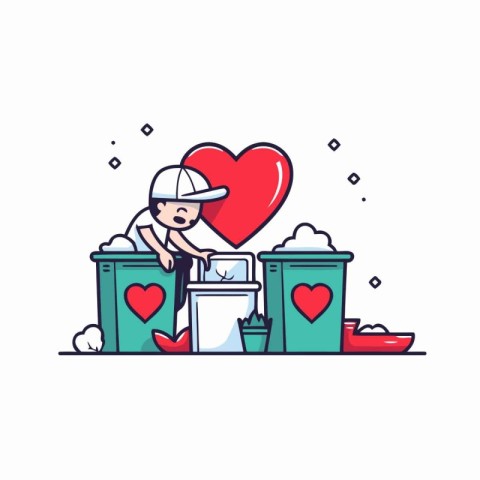 Volunteer with heart and trash can. Vector flat illustration.