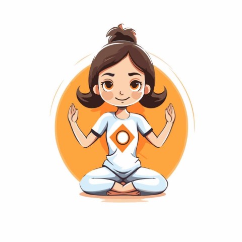 Little girl meditating in lotus position. Cartoon vector illustr