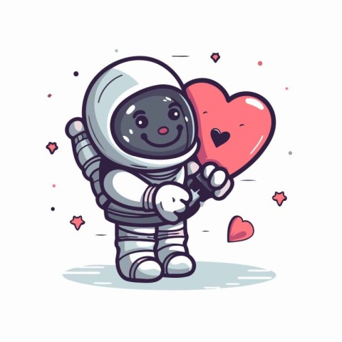 Cute astronaut holding a red heart. Vector illustration on white