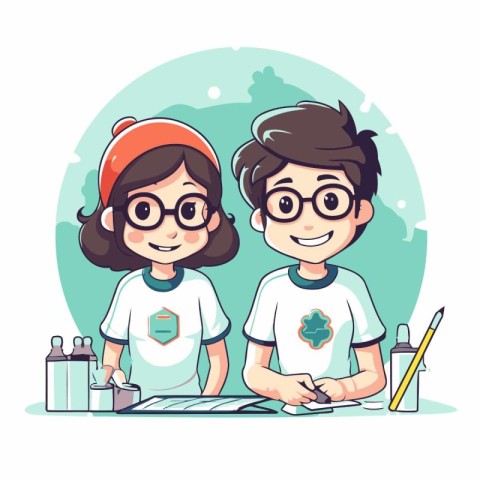 Boy and girl drawing with pencils. Vector illustration in cartoo