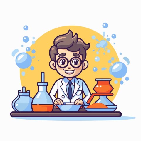 Scientist in lab coat and glasses. Vector illustration in cartoo