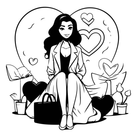 Black and white illustration of a beautiful young woman sitting