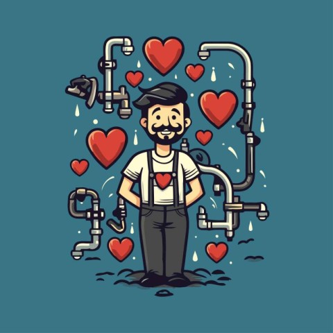 Vector illustration of a man in love with water pipes and hearts