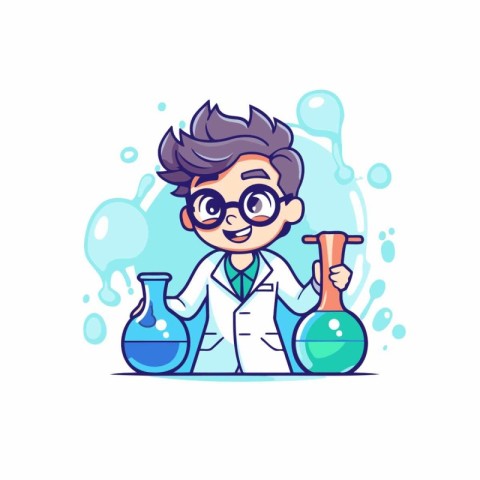 Scientist cartoon character with test tubes and flasks. Vector i