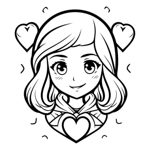 Black and White Cartoon Illustration of Cute Girl with Heart Pat